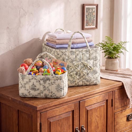 2 Pcs Quilted Fabric Storage Basket with Handles Large Capacity Laundry Basket Boho Foldable Floral Laundry Organizer Bin for Home Picnic Shopping Travel (Greenery) - style: Greenery