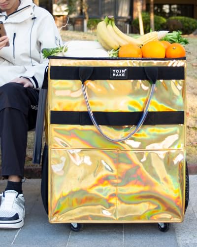 Reusable Grocery Bag with Wheels, Large Glitter Gold Rolling Tote - color: Glitter Gold, size: Large