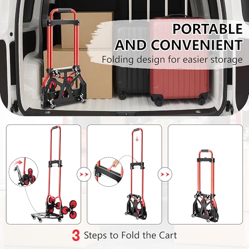 Stair Climbing Cart, 280 lbs Capacity Stair Climber Hand Truck and Dolly, Heavy-Duty Folding Stair Dolly with Stretchable Handle, 10 Wheels & 2 Elastic Ropes for Home Shopping Moving Warehouse