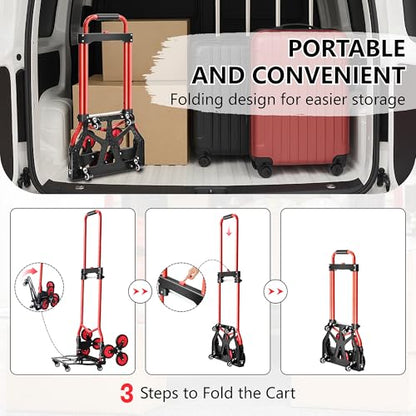 Stair Climbing Cart, 280 lbs Capacity Stair Climber Hand Truck and Dolly, Heavy-Duty Folding Stair Dolly with Stretchable Handle, 10 Wheels & 2 Elastic Ropes for Home Shopping Moving Warehouse