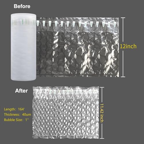Inflatable Bubble Cushioning Wrap Roll Heavy Duty Bottle Shipper Protector Sleeve 12"x164' Large Size Air Bubbles Packing Supplies for Fragile Items, Air Pillows for Shipping Moving Packaging - size: 12"x164'