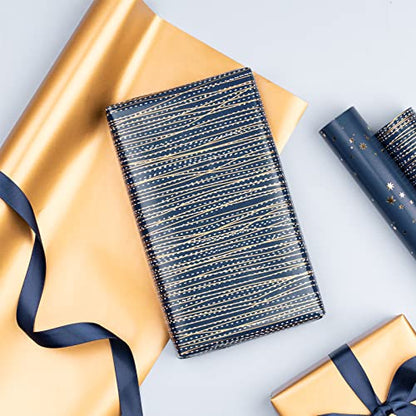 WRAPAHOLIC Wrapping Paper Roll - Mini Roll - 3 Rolls - 17 Inch X 120 Inch Per Roll - Navy and Gold Star/Stripe/Gold Pearlized Print for Birthday, Father's Day, Holiday, Party - color: Navy & Gold