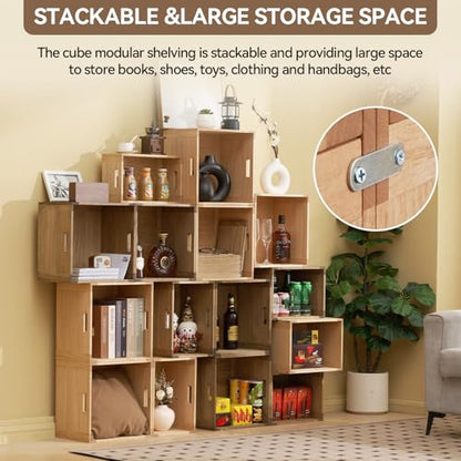 KIRIGEN Stackable Wood Storage Cube with Handles, Open Cubby Bin, Brown - color: Dark Brown, size: M/14.2*9.1*6(C15)