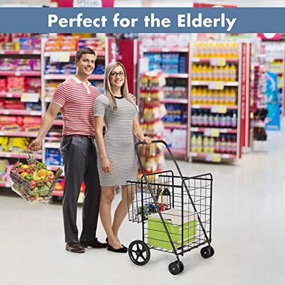 Happygrill Folding Shopping Grocery Cart Metal Rolling Cart with Double Basket Non-Slip Handle and Swivel Wheels, Light Weight Utility Cart for Laundry Book Luggage Travel