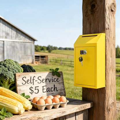 Sumerfnt Locking Cash Box with Lock and Slot, Metal Money Donation Box with 4 Keys Wall Mount, Cash Drop for Farm Stand Supplies, Self-Serve Stand, Tips, Fundraising, Yellow - color: Yellow