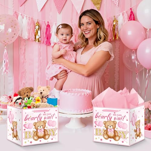 12" Square Extra Large Pink Bear Baby Shower Birthday Gift Bag for Baby Girls We Can Bearly Wait Bag with Wrapping Paper Teddy Bear Gift Bag for Baby Shower Bday Party Supplies - color: Pink Bear