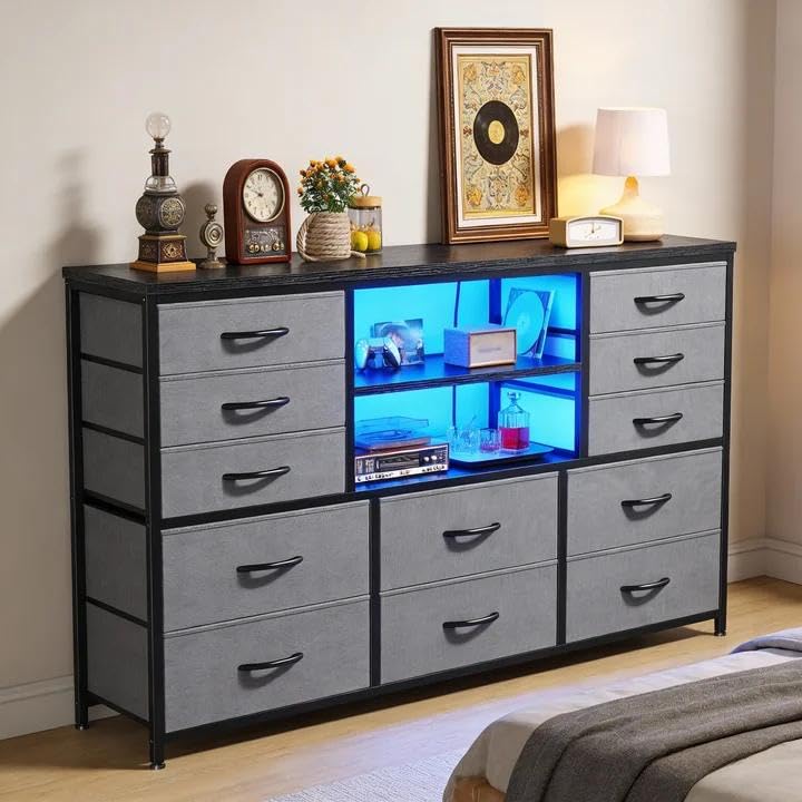 EnHomee Dresser for Bedroom with LED Lights & Charging Station - color: Grey