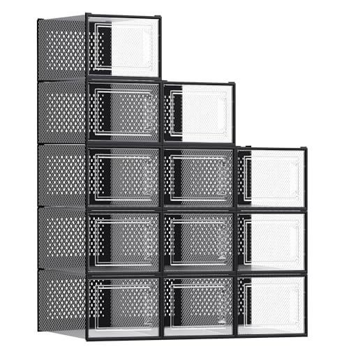 SONGMICS Shoe Boxes, Clear Plastic Sneaker Box, Pack of 12 - color: Transparent + Black, size: XXL-12pcs