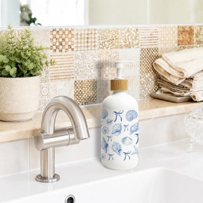Coquette Blue Bow Coastal Glass Soap Dispenser with Pump - color: Blue