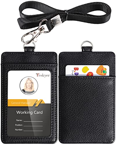 Teskyer Leather ID Badge Holder with Lanyard, Vertical Lychee Black - color: Lichee Black, size: Vertical