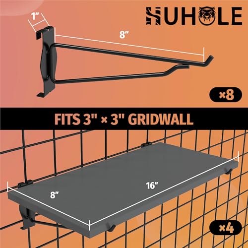 HUHOLE 4 Pack 16 x 8 Inch Wooden Gridwall Shelves with Metal Brackets