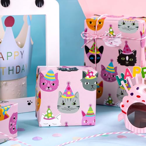 WRAPAHOLIC Kitty Cat Wrapping Paper Roll - Mini Roll - 17 Inch x 33 Feet - Pink Adorable Birthday Kitty Design, Perfect for Kids Girls Birthday, Baby Shower, Cat Lover - color: Birthday - Pink Cat
