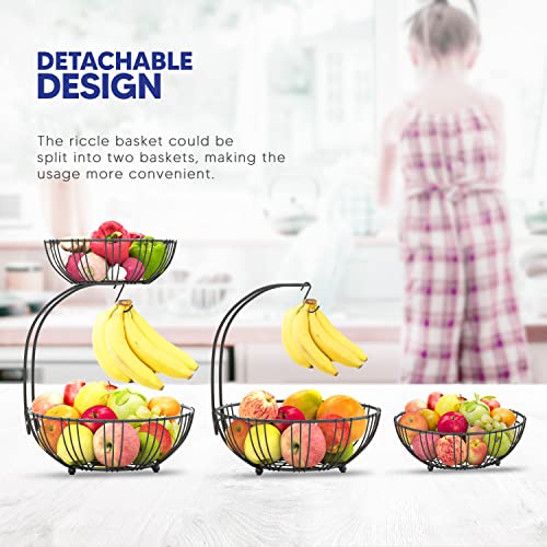 RICCLE Fruit Basket For Kitchen Counter - Fruit Basket With Banana Hanger - Double Layer Metal Wire Fruit Bowl For Countertop - Fruit Holder For Produce, Vegetables