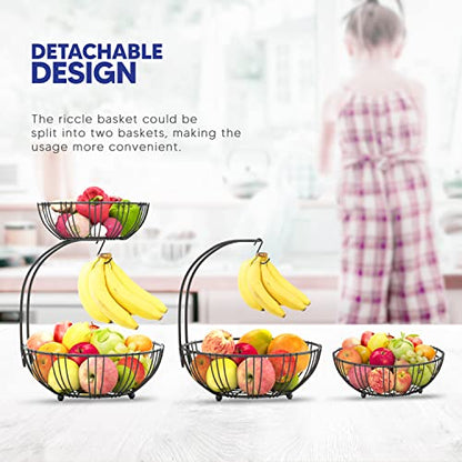 RICCLE Fruit Basket For Kitchen Counter - Fruit Basket With Banana Hanger - Double Layer Metal Wire Fruit Bowl For Countertop - Fruit Holder For Produce, Vegetables