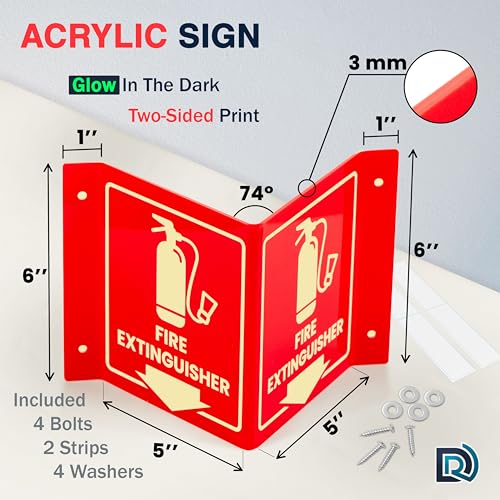 Fire Extinguisher Sign Glow in Dark, 3D Acrylic V Sign, Down Arrow, Screws - color: Glow Red Acrylic - Pack of 1