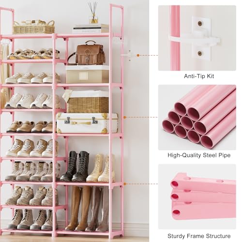 WOWLIVE 9 Tier 2-Column Shoe Rack, 30-35 Pairs Stackable Pink - color: Pink, size: 2 Row 9 Tier