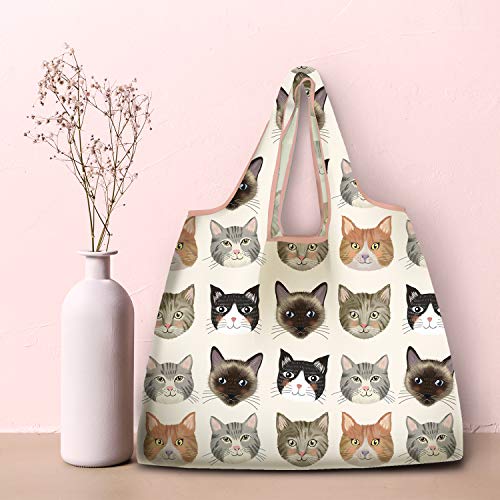 NymphFable Cat Shopping Bags, 6 Pack Reusable Grocery Tote Bags 50LBS - color: Cute Cat