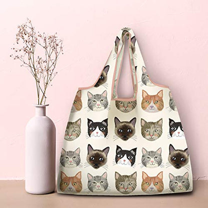 NymphFable Cat Shopping Bags, 6 Pack Reusable Grocery Tote Bags 50LBS - color: Cute Cat