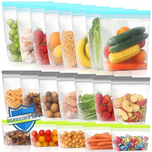 Lerine 20 Pack Stand Up Reusable Freezer Bags, Dishwasher Microwave Safe - color: Multicolor, size: 20 Pack - 8 Gallon, 7 Sandwich, 5 Snack Bags