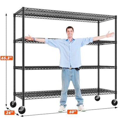 REIBII 4-Tier Heavy Duty Metal Shelving Unit，Storage Shelves with Wheels - size: 60''W X 24'' D X 65.3'' H