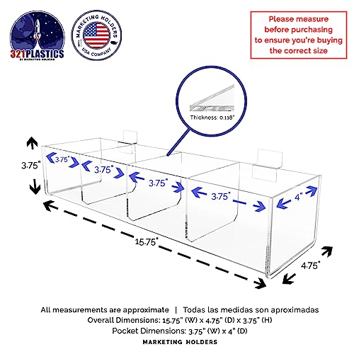 Marketing Holders 2 Pack Slatwall Acrylic Retail Tray Four Compartment Dump Bin Clear Product Merchandise Storage Caddy for Businesses POP Display - size: 15.75" Wide 4 Pocket