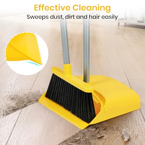 Stand Up Dustpan and Broom Set 50” Long Handle Broom with Dust Pan, with Self Cleaning Combe for Ergonomic Home Office Classroom Indoor Sweeping - color: Yellow