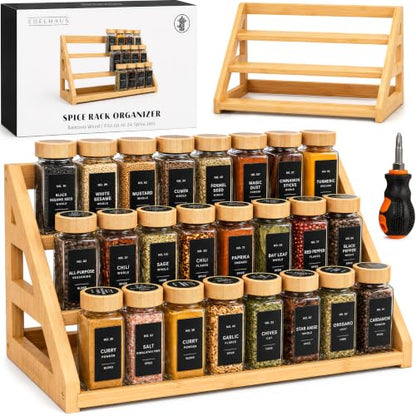 EDELHAUS 3 Tier Bamboo Spice Rack Organizer for Cabinet, Fits 24 Jars - color: Standing Rack