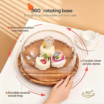 cutesun Cake Stand with Lid, 10.8'' Shatterproof Acrylic Dome (Not Glass), 11.8'' Rotating Acacia Wood Cake Display Stand for Wedding Birthday Party Dessert