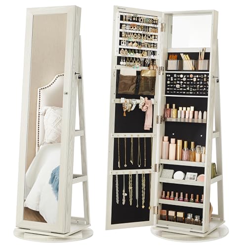 SONGMICS 360° Swivel Jewelry Cabinet, Full-Length Mirror, Lockable - color: White, style: Framed Mirror, Classic