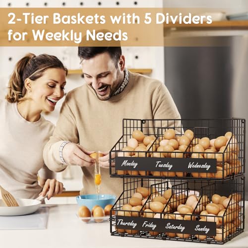 Egg Holder Countertop,Metal Egg Rack with Adjustable Dividers & DIY Labels - color: Black, size: 2-Tier X-Large