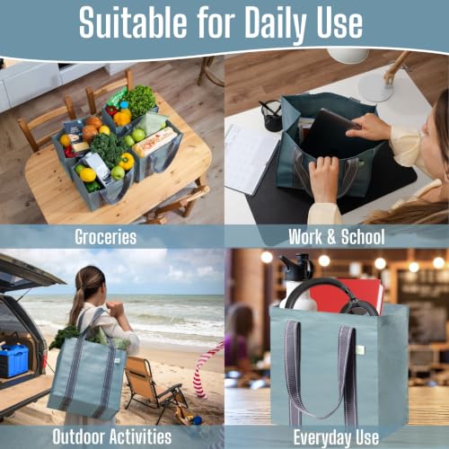 VENO 2/4 Pack Compact Reusable Grocery Shopping Bags with Hard Bottom - color: Light Blue