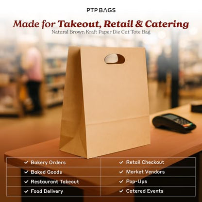 Natural Brown Kraft Paper Bags with Die Cut Handles - 11" x 6" x 11" - color: Natural, size: 1 Count (Pack of 500)