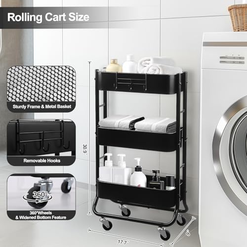 MAX Houser Slim 3-Tier Rolling Utility Cart with Extra Hook, Black - color: Black, size: 3-Tier Narrow Cart