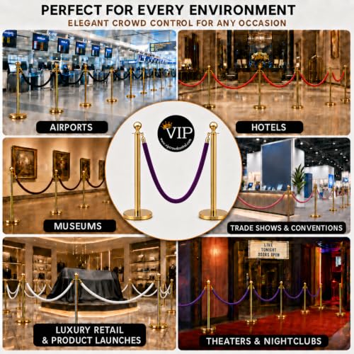 Gold Crown Top Decorative Rope Safety Queue Stanchion Barrier in 3 pcs Set, VIP Crowd Control (72" Burgundy Velvet) - color: 72" Burgundy Velvet