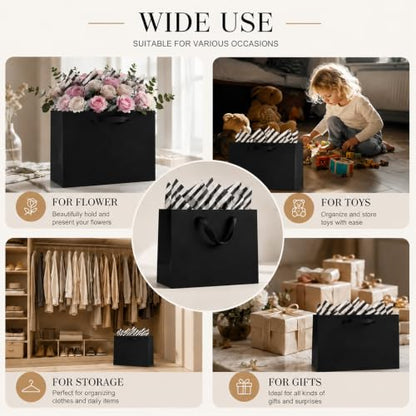 Offizon 12PCS Black Gift Bags with Stripe Tissue Small Bag 8.7x3.9x7.1in - color: Small-Black3-6PCS