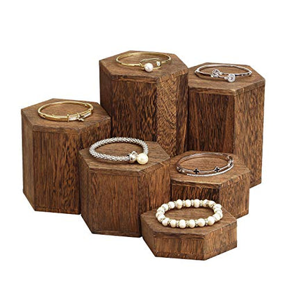 MOOCA 6-Piece Wood Hexagon Jewelry Display Stand Risers for Accessories - color: Brown, 6 Pieces