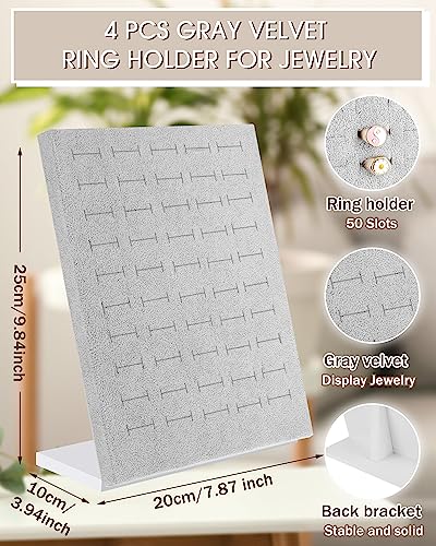 Henoyso 4 Pcs Velvet Ring Display 50 Slots Stand Tray Holder - color: Grey