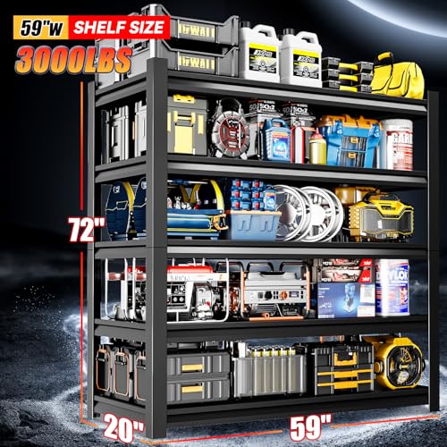59" W Garage Shelving,5-Tier Heavy Duty Shelving Unit,3000LBS Adjustable Metal Storage Shelves,Storage Rack Units for Industrie,Shed,Warehouse,Basement,Black,59" W x 19.7" D x 72" H - size: 19.7"Dx59"Wx72"H