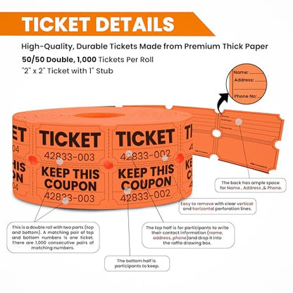 PM Company 2000 Pcs (1000 Pairs) Raffle Tickets Double Roll, 50/50 Orange - color: Orange
