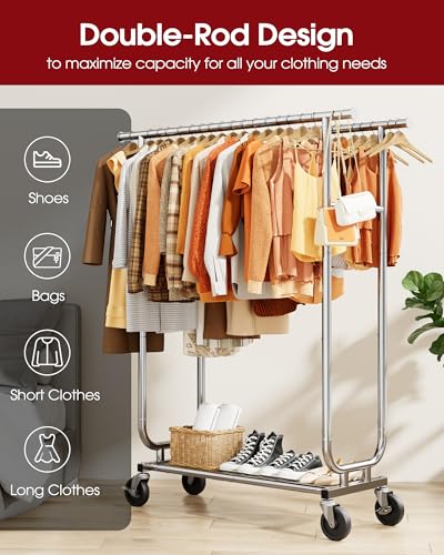 Sakugi Stainless Steel Double Rod Clothes Rack, 43.5x16.5x65.9, Black - color: Silver, size: 43.5" x 16.5" x 65.9"(2 Rods)