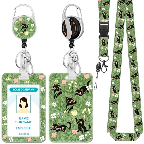 Hancynir Black Cat Flower Lanyards for Id Badges with Retractable Reel Clip - color: Floral Cat