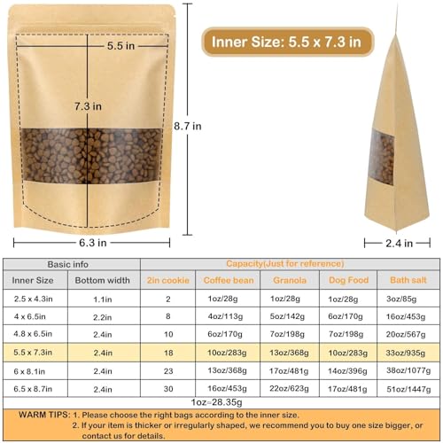 50 Pack Kraft Resealable Bags with Window for Storage (5.5 x 7.3 Inches) - size: 5.5 x 7.3 Inches