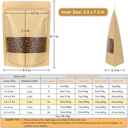 50 Pack Kraft Resealable Bags with Window for Storage (5.5 x 7.3 Inches) - size: 5.5 x 7.3 Inches