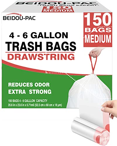 BEIDOU-PAC Trash Bags 4-6 Gallon Drawstring, 150 Count, Multifold Roll Garbage Bags, Medium Kitchen Trash Bags, Odorless & Heavy Duty White Plastic Food Scrap Bags for Bathroom Bedroom Office Waste - style: 4-6 Gallon |150 Count
