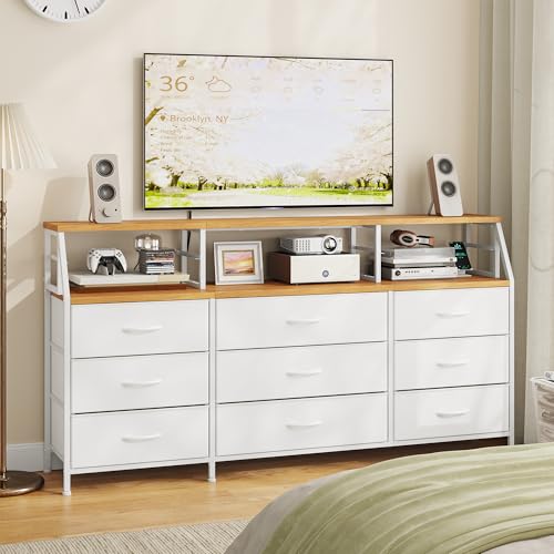 Homkdom White Dresser for Bedroom with 9 Fabric Drawers & Display Top Shelf - color: White