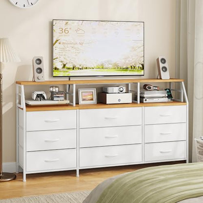 Homkdom White Dresser for Bedroom with 9 Fabric Drawers & Display Top Shelf - color: White