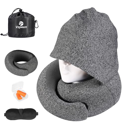 Travel Pillow - Hooded Neck Pillow Airplane Memory Foam Filling - color: Dark Gray