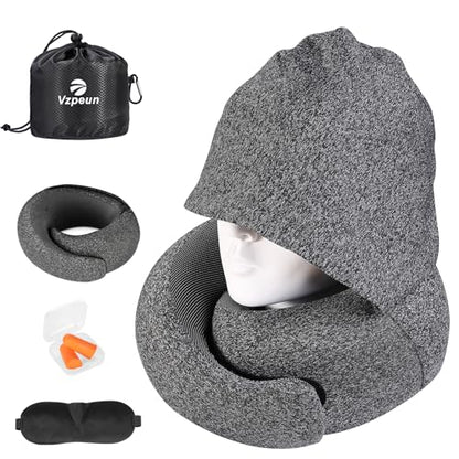 Travel Pillow - Hooded Neck Pillow Airplane Memory Foam Filling - color: Dark Gray