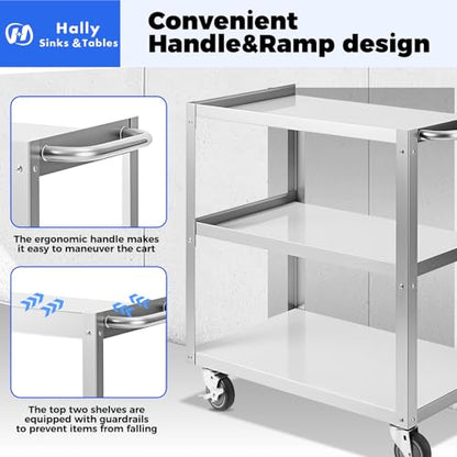 Hally Stainless Steel Utility Cart 3 Tier NSF Rolling Carts 31" Lx19 Wx34 H - size: 19''x31''x34''