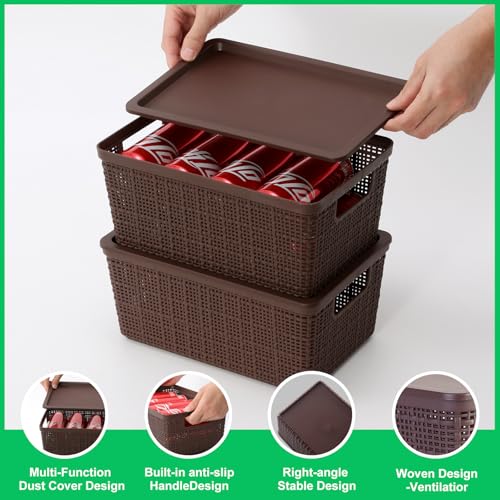 6 Pack Plastic Storage Baskets with Lid,Brown Stackable Bins - color: Brown